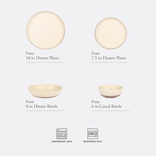 Gibson Elite Laguna Bliss 16 Piece Stoneware Reactive Glaze (Service for 4) Ceramic Plates and Bowls Dinnerware Set - Matte Cream White W/Terracotta Bottom