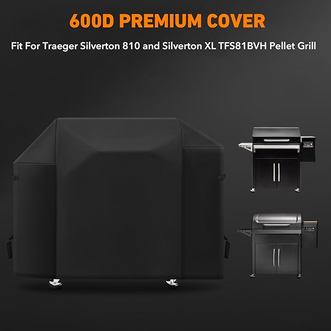 Heavy Duty 600D Polyester Cover Compatible with Traeger Silverton 810, Silverton XL Pellet Grill Smoker Outdoor Waterproof fit for Traeger Silverton 810 XL Pellet Grill Cover Full Length BAC593
