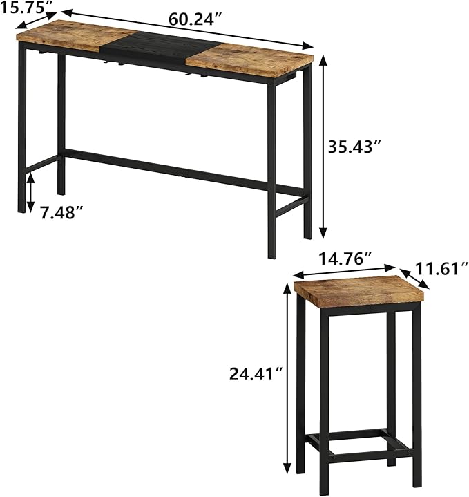 Harper & Bright Designs 4-Piece Dining Table Set, 60.2" L Wood Dining Table with 3 Stools and Metal Frame for Kitchen Dining Room, Convenient Hanging Stool Design, Natural+Black