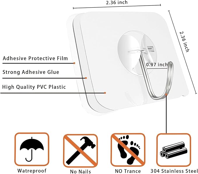 Latoxcaa Heavy Duty Adhesive Hooks 20-Pack: Holds 22lb, Strong Reusable &