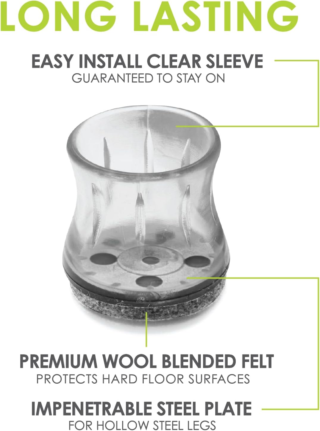 Slipstick GorillaFelt Chair Leg Floor Protectors for Hardwood Floors, Clear Sleeve Felt Pads for Furniture That Stay On, Fits Round & Square Legs, Includes 8 Premium Transparent Chair Socks, CB182