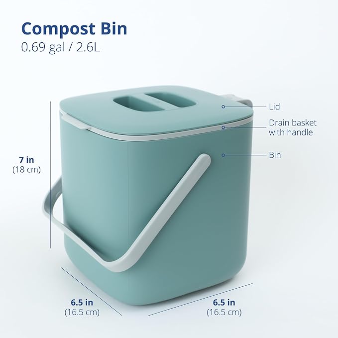 BLUE GINKGO Kitchen Compost Bin [2.6L / 0.69 GAL] – Filter-Free, Odor-Tight Countertop Food Waste Pail with Handles (Made in Korea, Green)