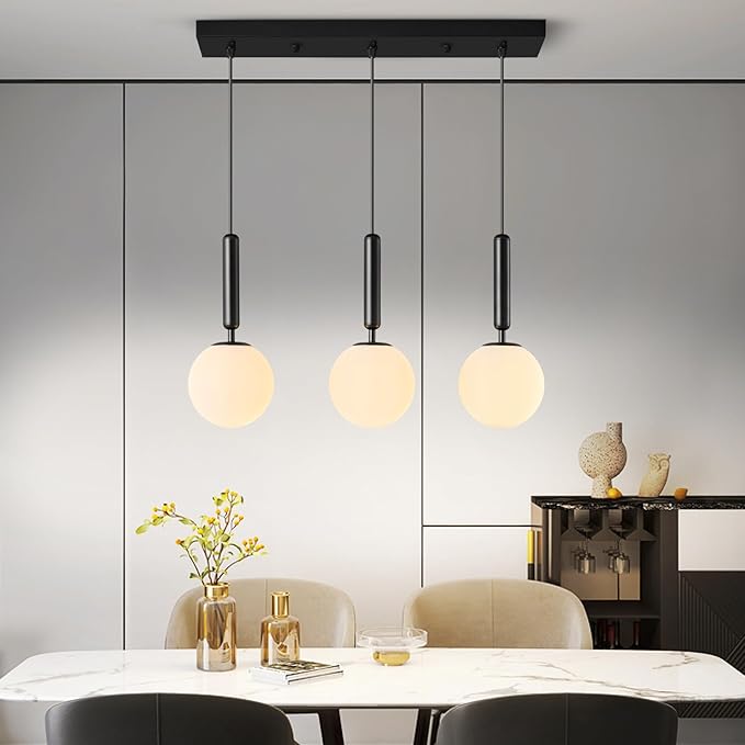 Modern Black Pendant Lights Kitchen Island Mid Century with Globe Pendant Light Milk White Glass Pendant Lighting for Living Room Bedroom Entryway (3 Lights)