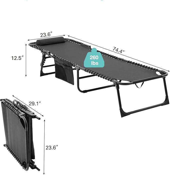 Tanning Chairs for Outside, Chaise Outdoor Lounge Chair, Folding Pool Chairs & Patio Lounger for Beach Camping Hiking Backyard Sunbathing Poolside, Portable (Black Set of 1)