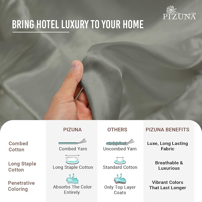 Pizuna 100% Cotton King 3 Pc Duvet Cover + 1 Pc Fitted Sheet Set 400 Thread Count Silver Sateen Weave Luxurious Long Staple Cotton 4 Piece Bedding Set - 1 Duvet Cover, 2 Pillow Shams, 1 Fitted Sheet