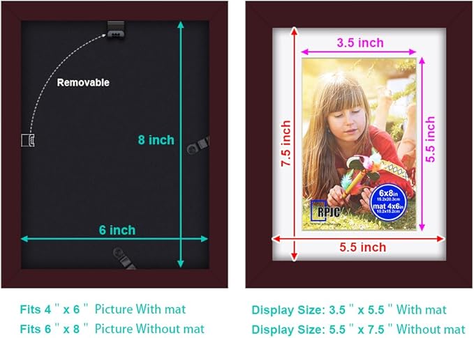 RPJC 6x8 inch Picture Frame Made of Solid Wood and High Definition Glass Display Picture 4x6 with Mat or 6x8 Without Mat for Wall Mounting Photo Frames Dark Brown