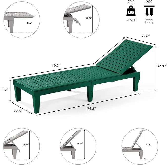 Nestl Sun Tanning Chair - Forest Green Chaise Lounge Chair Outdoor, Lightweight Pool Lounge Chairs Set of 12, Adjustable 5-Position Reclining Lawn Chair, Waterproof Beach Outdoor Lounge Chairs