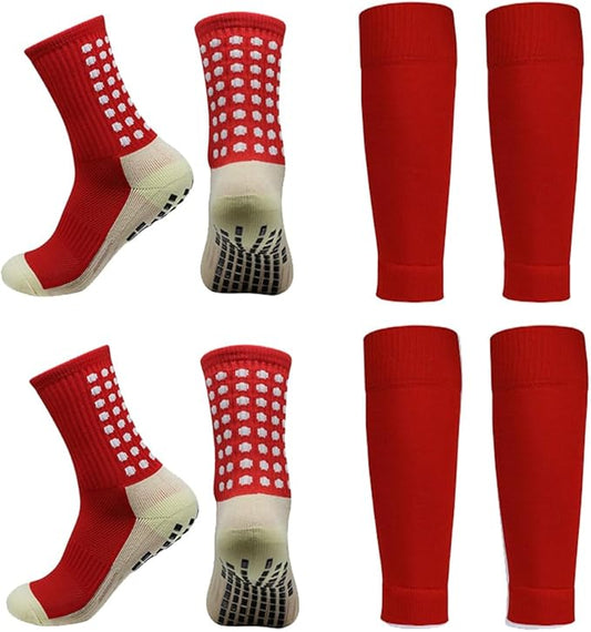 2 Set Anti-Slip Grip Soccer Socks with Shin Guard Sleeves, Sports Athletic Socks for Men Women
