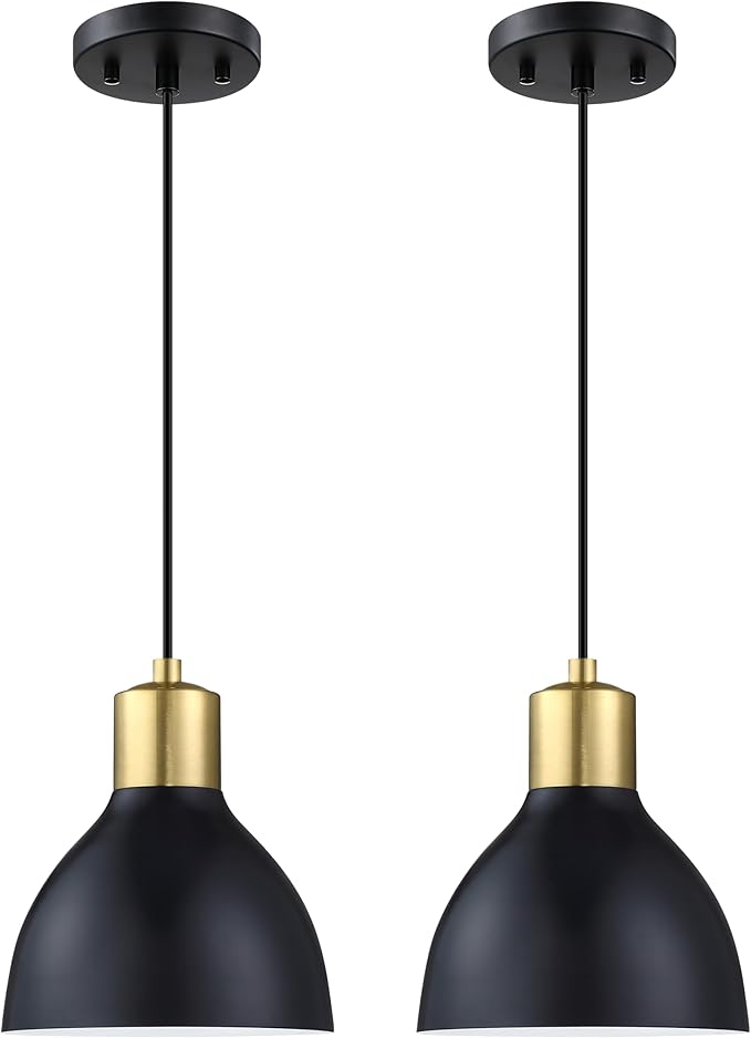 2 Pack 1 Light Industrial Hanging Indoor 7.3" Kitchen Island Black Pendant Ceiling Light Fixtures Brushed Bronze Finish,Drum Metal Shade for Bar Dining Room Living Room Over Sink