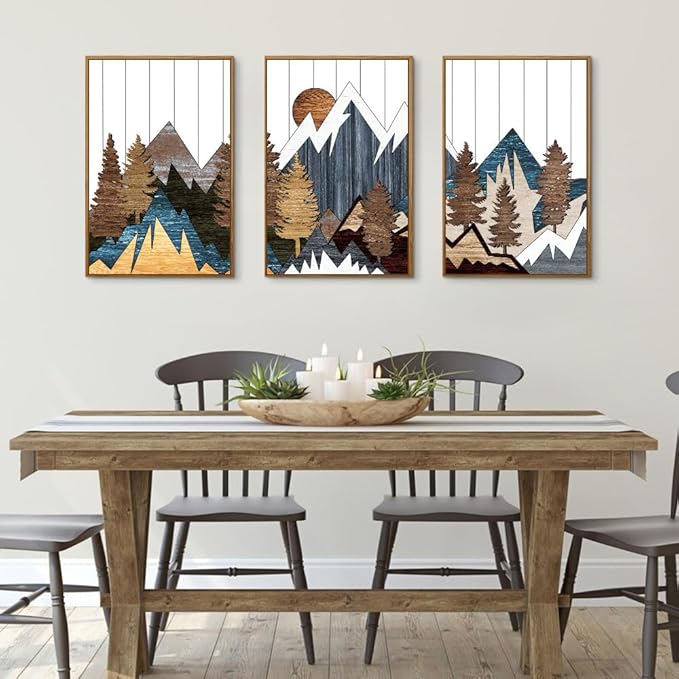 CHDITB Framed Canvas Mountain Wall Art Set, Country Woodcut Style Wall Decor, Forest Nature Wilderness Wall Painting, Modern Art Prints for Living Room, Bedroom, Farmhouse - Large Size 16"x24"x3
