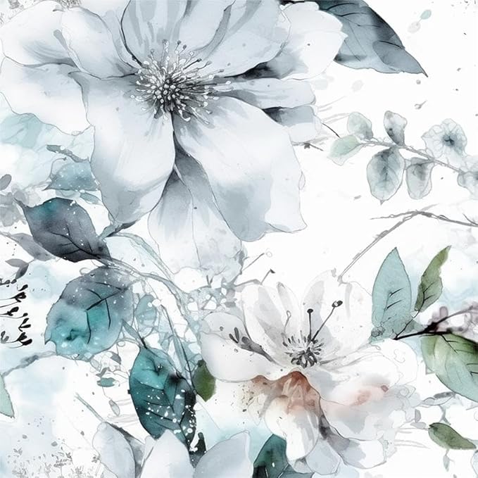 Ice Blue White Large Hyacinth Floral Green Leaf Peel and Stick Wallpaper Wall