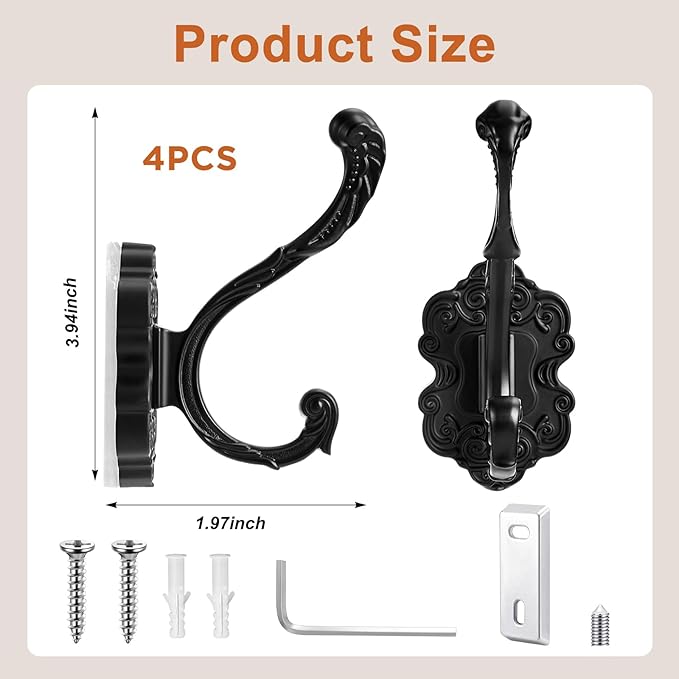 Zonon 4 Pcs Black Wall Hooks Set Vintage Coat & Towel Hooks