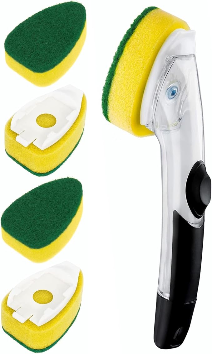 Heavy Duty Dishwand with Refills, Dish Wand Replacement Sponge Heads with Handle, Soap Control Dispenser Leak-Free Scrub, Non-Scratch Advanced Scrubber Brush Pads for Cleaning Dishes Sink Washing Tool