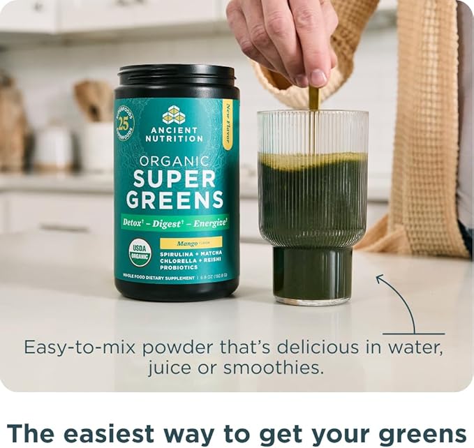Ancient Nutrition SuperGreens Powder with Probiotics, Organic Mango Flavor Greens, Made from Real Fruits, Vegetables and Herbs, Digestive and Energy Support, 25 Servings, 6.8oz