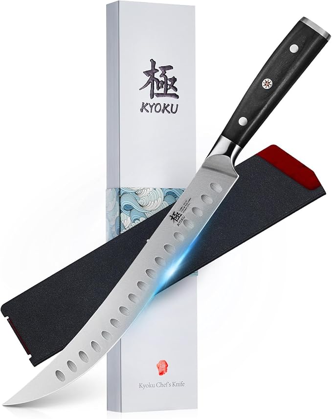 KYOKU 10" Scimitar Knife, Samurai Series Cimitar Breaking Knife with Pakkawood Handle, Japanese High Carbon Steel Butcher Knife, Full Tang Meat Slicing Knife for Roast Ham Poultry with Sheath and Case