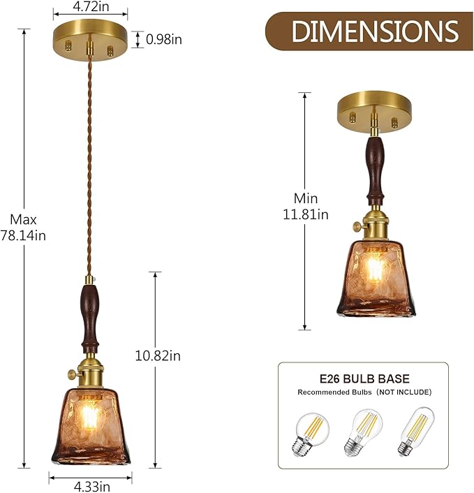 Brown Glass Vintage Pendant Light 4.33" Handmade Glass Pendant Lights Kitchen Island Gold Hanging Light Fixture for Bedroom Dining Room Hotel (2 Pack)