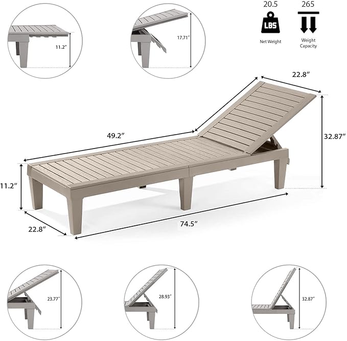 Nestl Sun Tanning Chair - Sand Beige Chaise Lounge Chair Outdoor, Lightweight Pool Lounge Chairs Set of 6, Adjustable 5-Position Reclining Lawn Chair, Waterproof Beach Outdoor Lounge Chairs