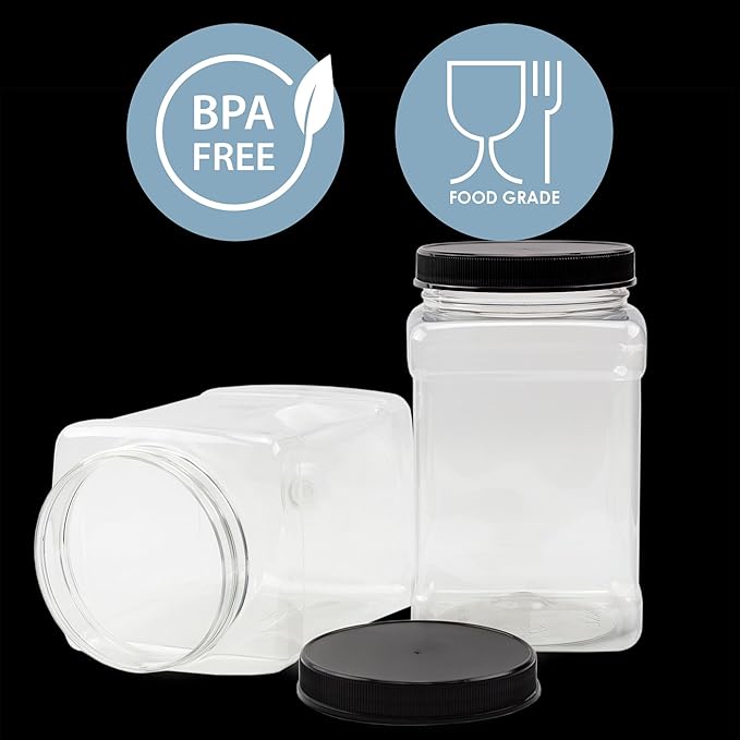 Cornucopia Brands 48oz Square Plastic Jars (3-Pack); Clear Rectangular 6-Cup Canisters w/Black Lids, Easy-Grip Side