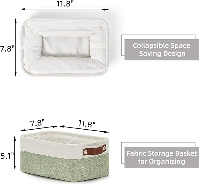 HNZIGE Collapsible Storage Baskets for Shelves(6pack) Small Fabric Bins with Handles, Linen Baskets Organizer Bins for Organizing Closet Nursery Home Shelves(White&Green, 11.8" x 7.8" x 5.1")