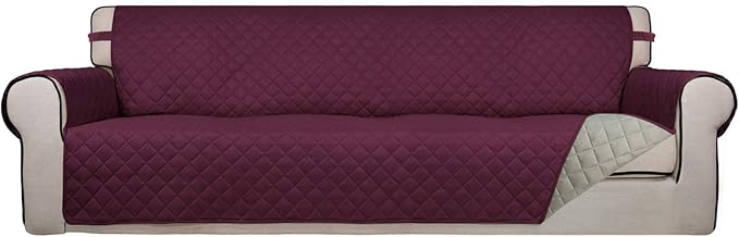 PureFit Reversible Quilted Sofa Cover, Water Resistant Slipcover Furniture Protector, Washable Couch Cover with Non Slip and Elastic Straps for Kids, Dogs, Pets (XX Large, Wine/Beige)