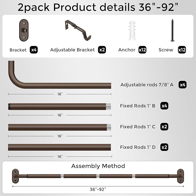 2 Pack Curtain Rods 36-88 Inch, Bronze Wrap Around Blackout Curtain Rods