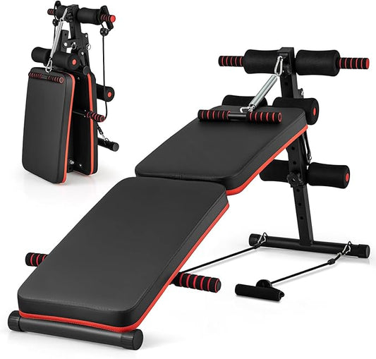 GYMAX Sit Up Bench, 330lbs Folding Decline Workout Bench with Spring Handle, Elastic Ropes & 4 Level Adjustable Height, Incline Weight Bench for Situp, Ab Crunch, Strength Training Exercise for Home Gym