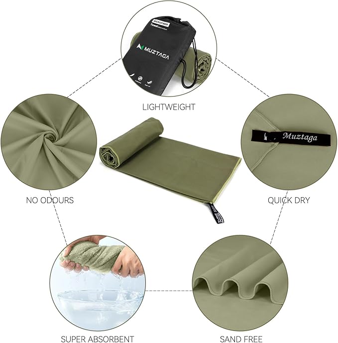 Microfiber Beach Towel Perfect for Travel, Sports, Camping, Swimming, Yoga, Gym-Quick Dry, Sand Free, Compact, Lightweight, Absorbent(Army Green,Medium(130x70cm, 51x27”))