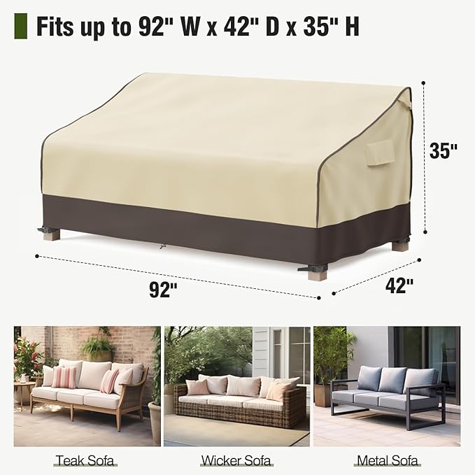 MR. COVER 3-Seater Outdoor Couch Cover Waterproof, 92 Inch Patio Furniture Covers Waterproof with All Weather Protection, Heavy Duty Outdoor Sofa Covers with Air Vent and Handles, Brown & Khaki