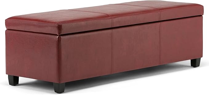 SIMPLIHOME Avalon 48 inch Wide Contemporary Rectangle Storage Ottoman Bench in Red Vegan Faux Leather, Assembled, for the Living Room, Entryway and Family Room