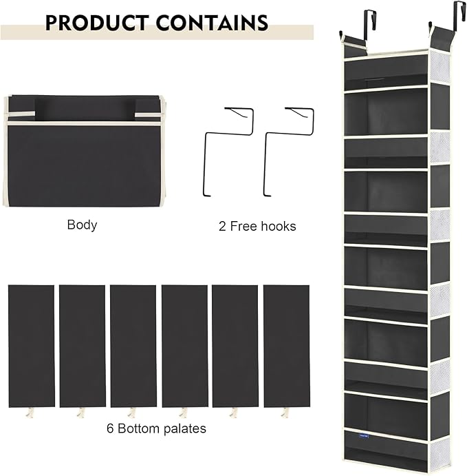 2 Pack Over The Door Hanging Organizer - 6 Shelves & 12 Side Pockets, Over The Door Storage for Baby Accessories & Children's Toys (13"x5"x54", Black)