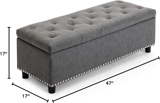 BELLEZE 47" Storage Ottoman, Storage Bench with Safety Close Hinge, Faux Leather Button-Tufted Ottoman for Living Room, Entryway, Hallway, Foot Rest, Support 300lbs - Rustic Gray