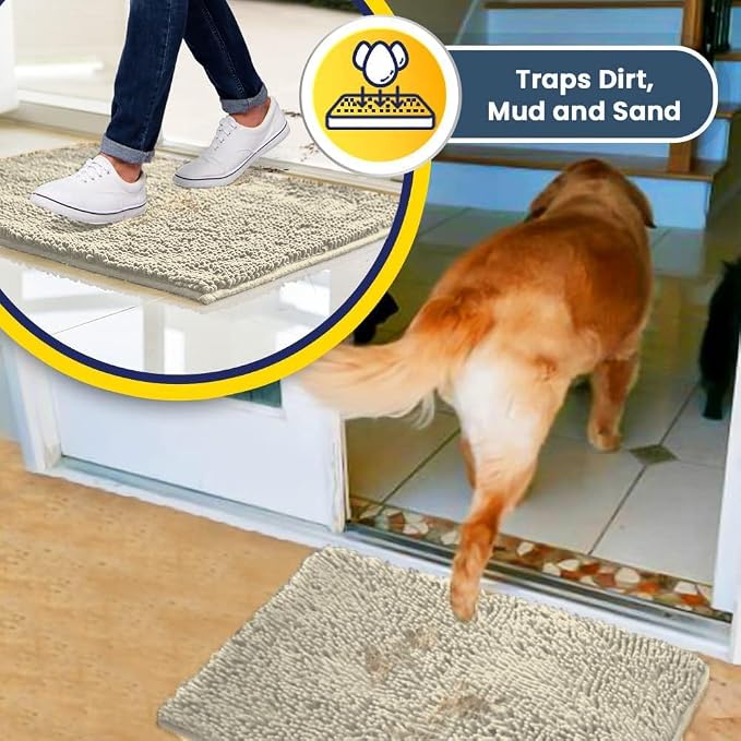 Muddy Mat® | Super Water Absorbent Door Mat Indoor, Microfiber Quick Dry Chenille Entryway Rug, Slip Resistant Front Door Mat, Indoor Mats for Entryway, Machine Washable Pet Rug, Ivory 3ft x 4ft