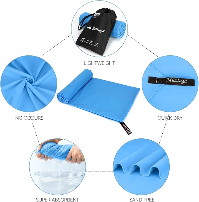 Microfiber Beach Towel-Perfect for Travel, Sports, Camping, Swimming, Yoga, Gym- Quick Dry, Sand Free, Compact, Lightweight, Absorbent (Blue,Small(101x50cm, 40x20”))