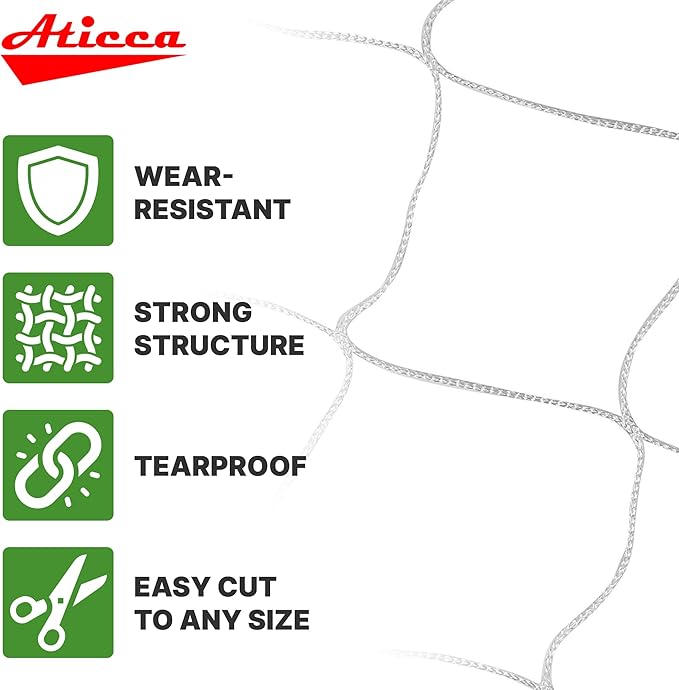 ATICCA Trellis Netting 5 x 225 ft Heavy Duty Polyester Plant Support Netting White - 6 Inch Garden Rope Trellis on Roll - Mesh Twine for Growing Vine Climbing Plants, Flowers, Peas, and Tomatoes.
