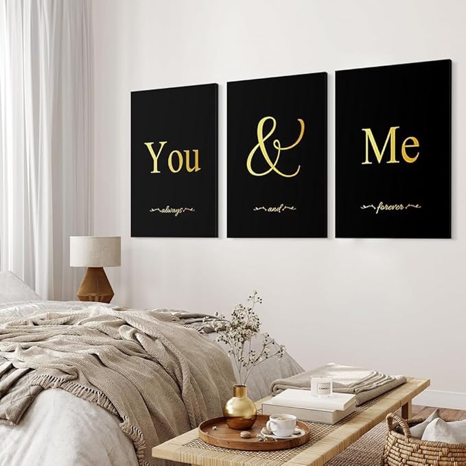 GUBIYU Black and Gold Bedroom Art Love Wall Decor You and Me Word Canvas Poster