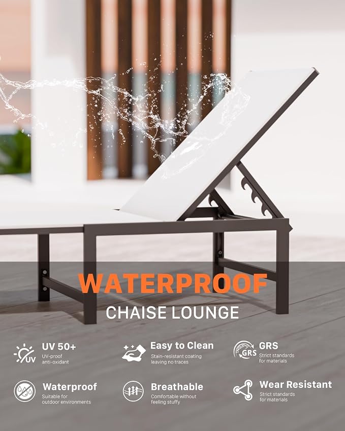 Patio Lounge Chair, Aluminum, 5 Adjustable Backrest, 1 Piece,White | Lightweight rustproof aluminum.5 adjustable backrest positions.Breathable quick-dry fabric.For poolside,beach,lawn,backyard.