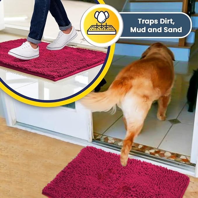 Muddy Mat® | Super Water Absorbent Door Mat Indoor, Microfiber Quick Dry Chenille Entryway Rug, Slip Resistant Front Door Mat, Indoor Mats for Entryway, Machine Washable Pet Rug, Hot Pink 20" x 30"