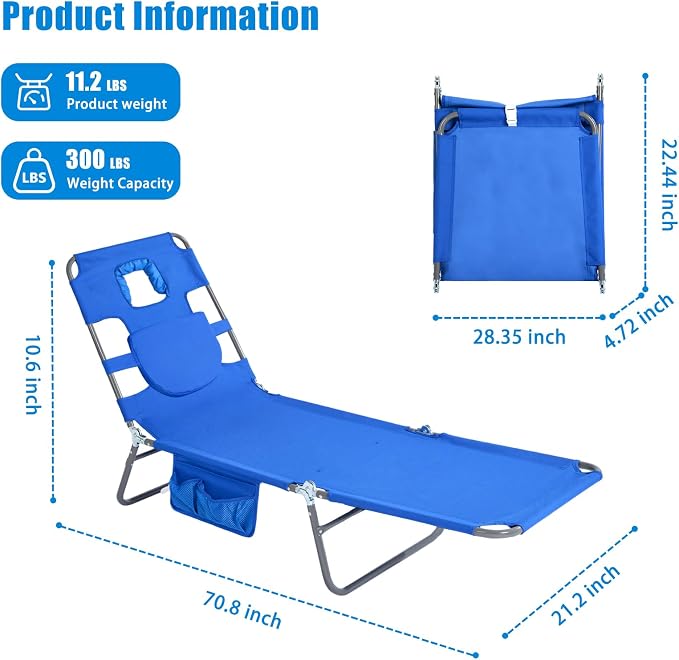 SUNNYFEEL Lay Flat Tanning Chair with Face Down Hole & Arm Slots, Beach Lounge Chair, 5-Position Folding Sunbathing Chair, 300 LBS Heavy Duty, 72" L x 22" W for Beach, Pool, Camping