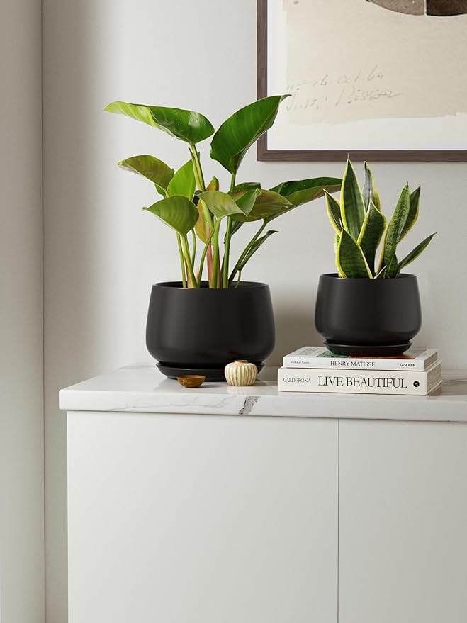 LE TAUCI Plant Pots, 4.1+5.1+6.5 inch, Set of 3, Ceramic Planters with Drainage Hole and Saucer, Indoor Flower Pot with Hole Mesh Pad, Gifts for Mom, Black