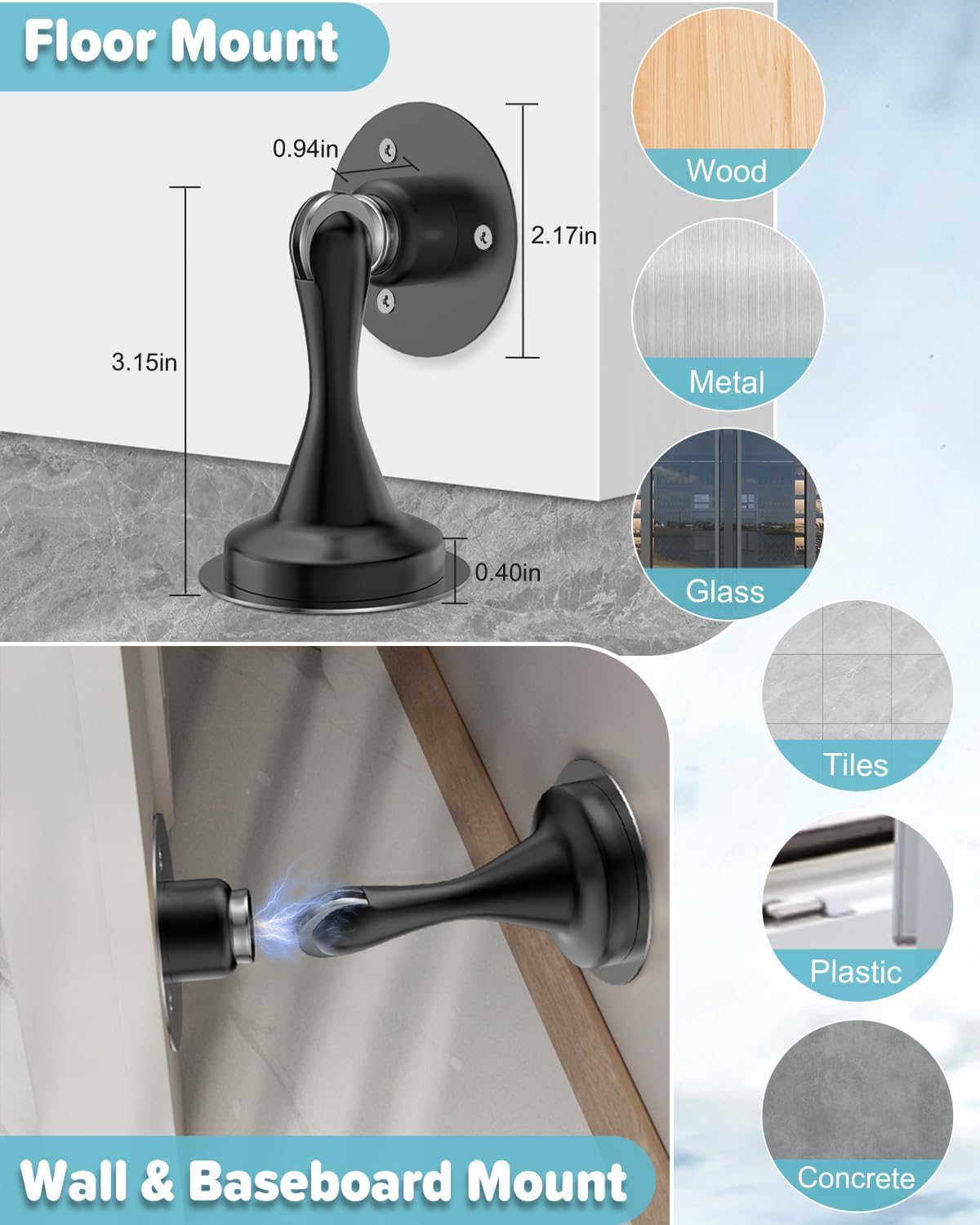 Door Stoppers Magnetic Door Catch - 1 Pack Stainless Steel Heavy Duty Door Stops for Bottom of Door, Wall & Floor Mounting No-Drill Strong Adhesive & Screws, Door Holder to Keep Door Open