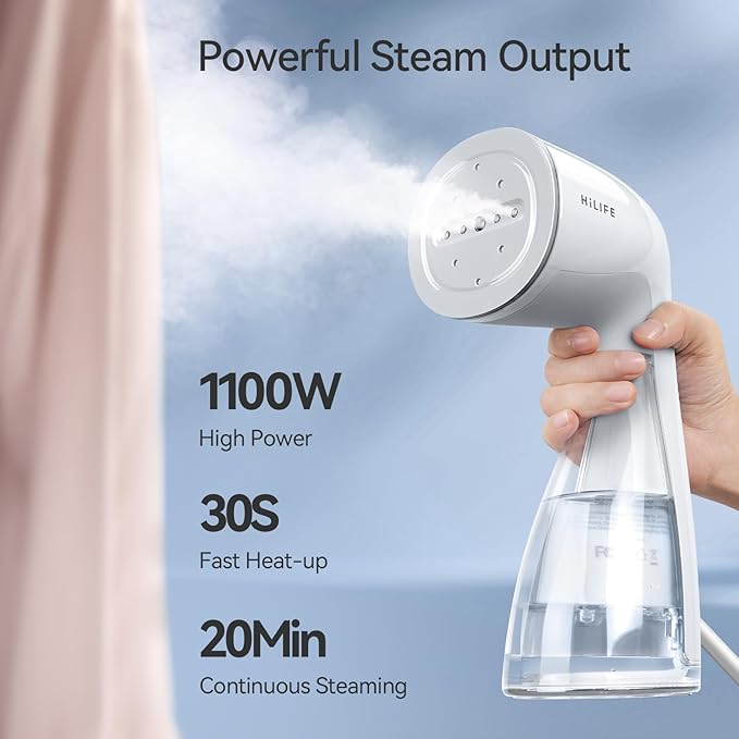 HiLIFE Steamer for Clothes, Handheld Clothes Steamer with Large 300ml Tank, 1100W Strong Power, 30S Fast Heat-up, Garment Fabric Wrinkle Remover, Portable & Compact Travel Size ONLY FOR 120V (White)