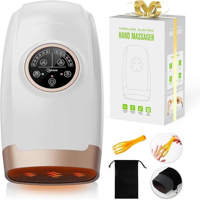 cotsoco Hand Massager with Heat and Compression, 6 Levels Hand Therapy for Arthritis and Carpal Tunnel Relief, Finger and Wrist Cordless Massager Machine for Pain Relief, Gifts for Women Men, White