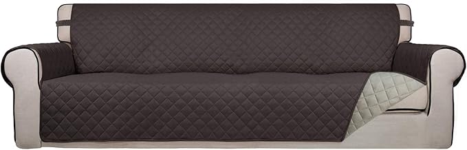 PureFit Reversible Quilted Sofa Cover, Water Resistant Slipcover Furniture Protector, Washable Couch Cover with Non Slip and Elastic Straps for Kids, Dogs, Pets (XX Large, Chocolate/Beige)