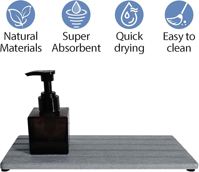 Diatomite Soap Dish, Water Absorbing Stone Tray, Kitchen Sink Organizer, Fast Drying Counter Holder (Grey, 9.5" x 4"/24 x 10cm)