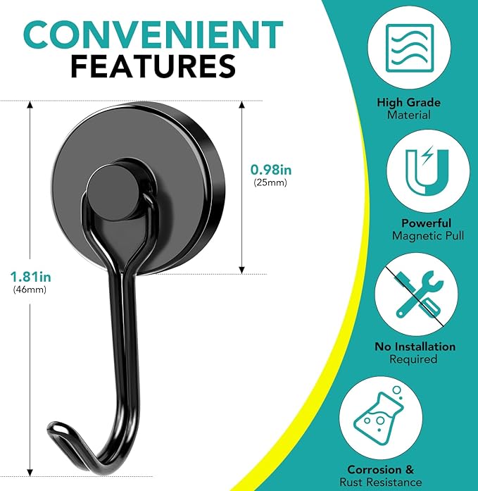 DIYMAG Black Magnetic Hooks, 80LBS Strong Magnetic Hooks Heavy Duty, Strong Magnet Hooks with Metal Hanger for Hanging Refrigerator Home Kitchen Office, 8Pack