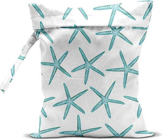 Wet Dry Bag for Swimsuit, Travel, Beach, Pool, Diapers, Dirty Yoga Gym Clothes, Makeup, Waterproof Reusable Beach Bag with Ocean Decor Starfish Sea Horse Anchor