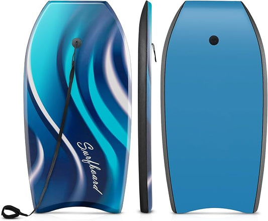 Goplus 41''/37''/33'' Lightweight Body Board for Beach, Surf Board with EPS Core, XPE Deck, HDPE Slick Bottom, Wrist Leash, Bodyboard for Kids Adults Surfing