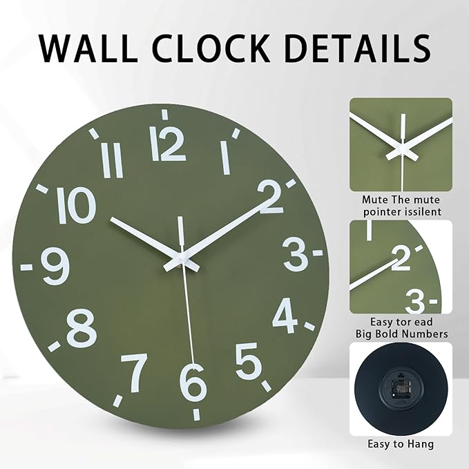 HZDHCLH Wall Clock 8 Inch Silent Non Ticking Wood Battery Operated Green Wooden