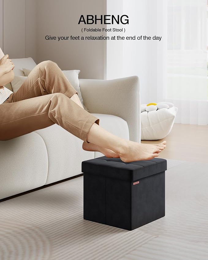 Folding Storage Ottoman, Velvet Storage Bench, Footrest, Footstool, for Living Room, Bedroom and Office,15 x 15 x 15 Inches, 300 kg Load Capacity, Ink Black,UASND04B