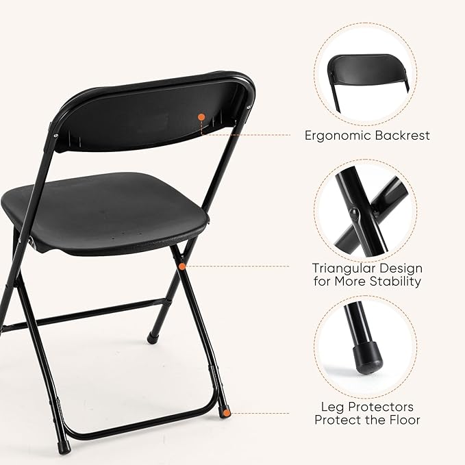Sweetcrispy Folding Chair 8 Pack, Plastic Foldable Chairs with 330-Pound Capacity, Sturdy Metal Portable Chair, Easy to Use and Store, Outdoor and Indoor, for Home, Office, Party, Comfy, Black